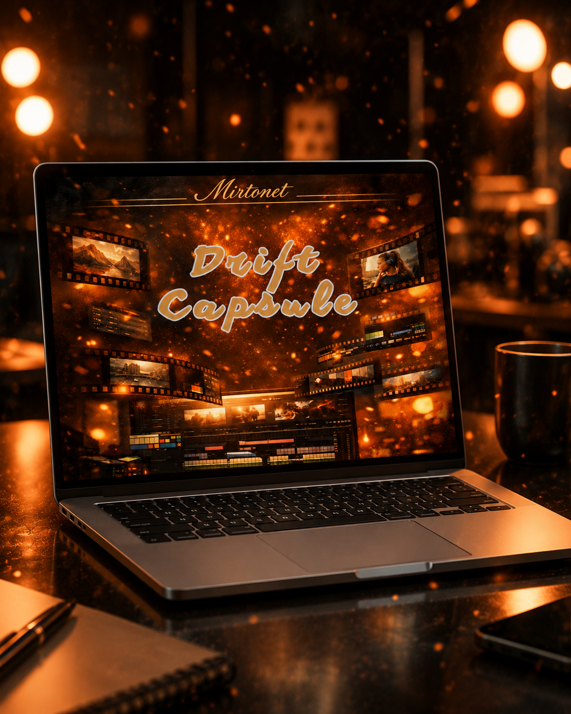An open silver laptop sits on a dark table in a warm, atmospheric setting with glowing lights and bokeh. The laptop screen displays a digital graphic with the text 'Mistnet' and 'Drift Capsule' in stylized gold lettering over an abstract golden cityscape.