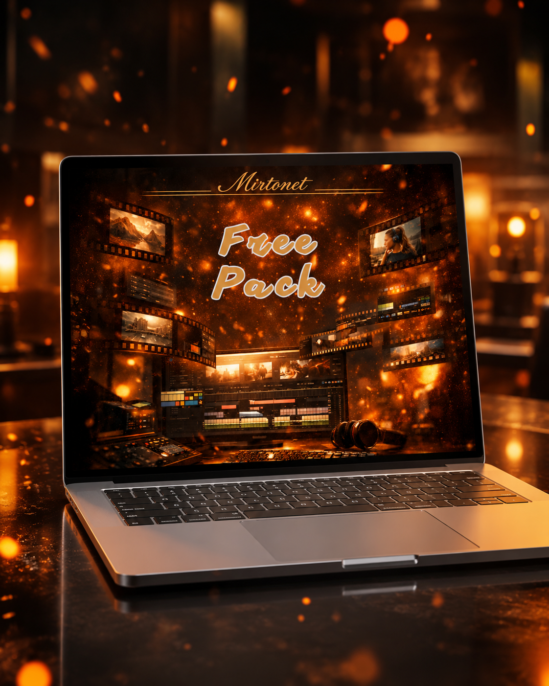 An open silver laptop sits on a dark reflective surface, displaying a glowing promotional graphic with the text 'Mirtonet Free Pack' over a warm orange and gold studio scene with film reels and equipment.