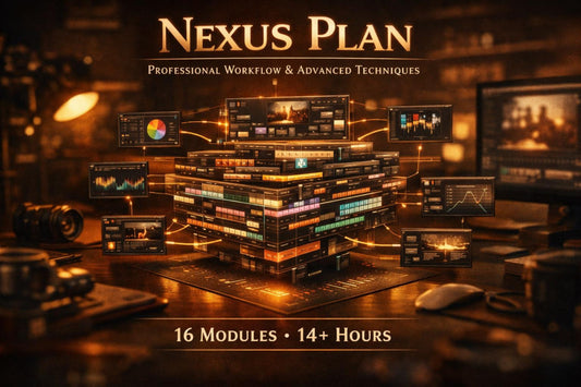 Promotional graphic for a digital course or bundle titled 'NEXUS PLAN' with the subtitle 'Professional Workflow & Advanced Techniques.' The center shows a glowing, stylized stack of software modules or workflow layers surrounded by floating monitor screens displaying charts and interfaces.