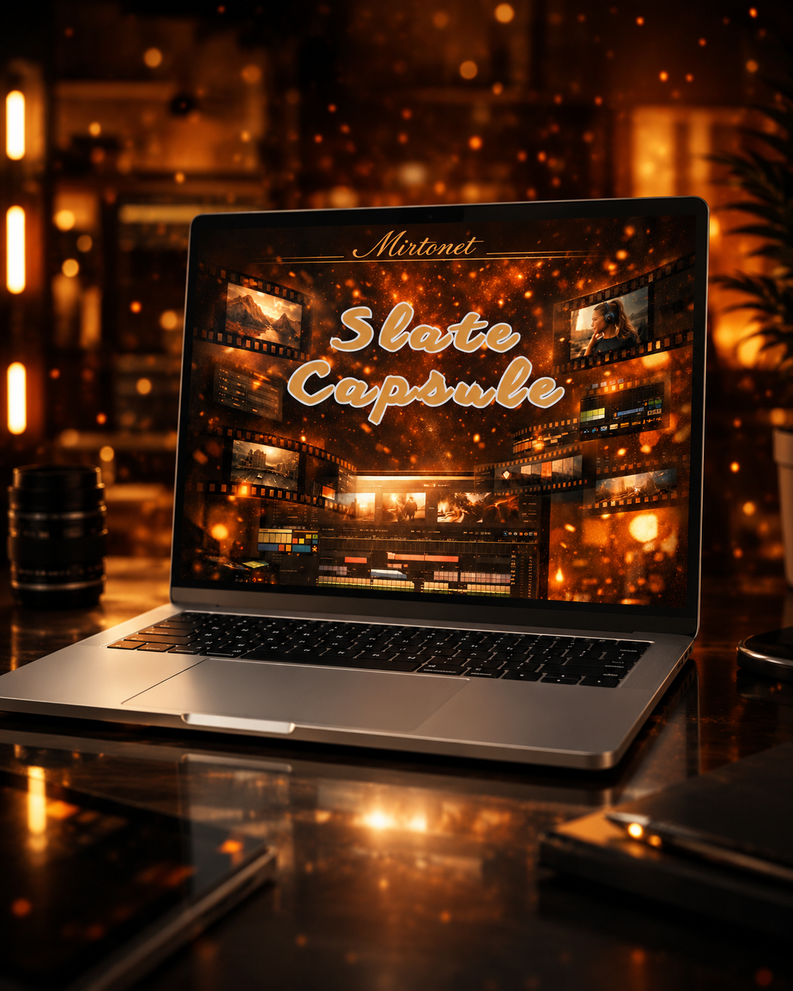 A silver laptop sits open on a glossy dark table in a warm, atmospheric indoor setting. The screen displays the text 'Mortnet Skate Capsule' over a collage of skatepark scenes with glowing orange bokeh lights.