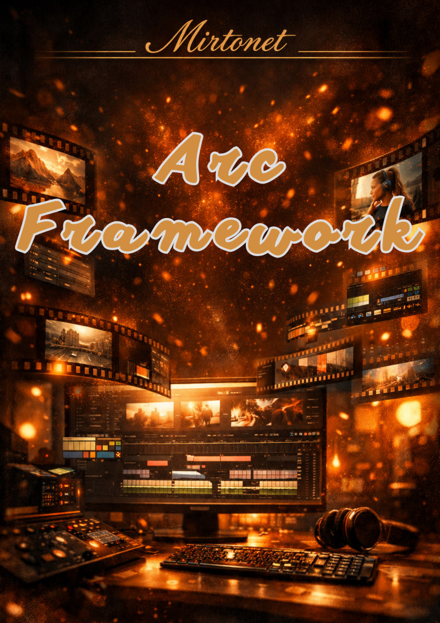 Digital cover art for 'Arc Framework' by Mirtonet, featuring a dark, warm-toned computer workstation filled with glowing screens, film strips, and golden light effects.