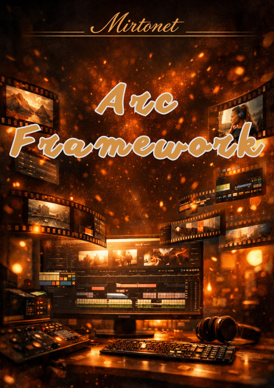 Digital cover art for 'Arc Framework' by Mirtonet, featuring a dark, warm-toned computer workstation filled with glowing screens, film strips, and golden light effects.