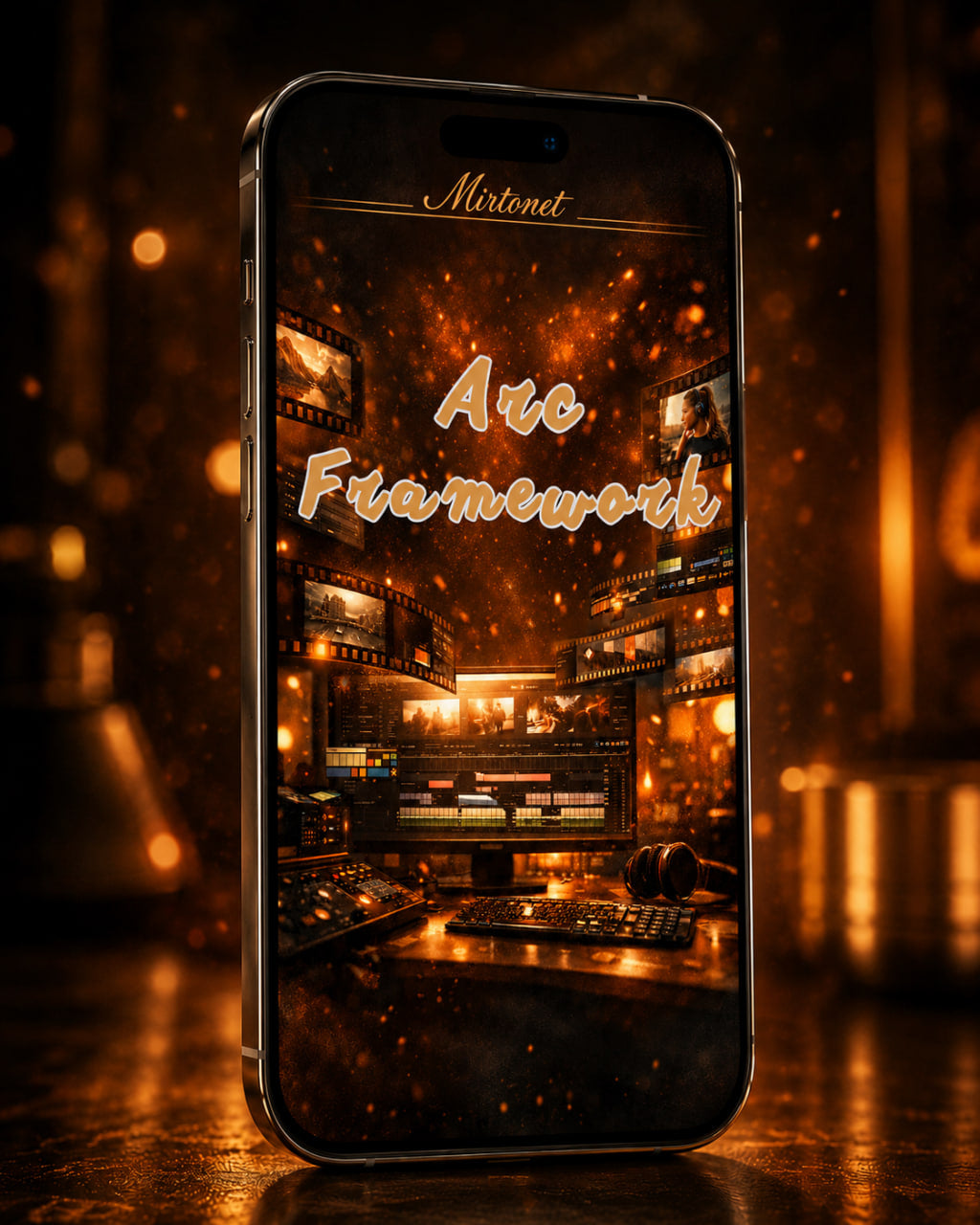 A smartphone shown upright in a dark, warm-toned studio setting. The phone screen displays a cinematic orange-and-black graphic with the text 'Mistral' at the top and 'Arc Framework' in large stylized lettering.
