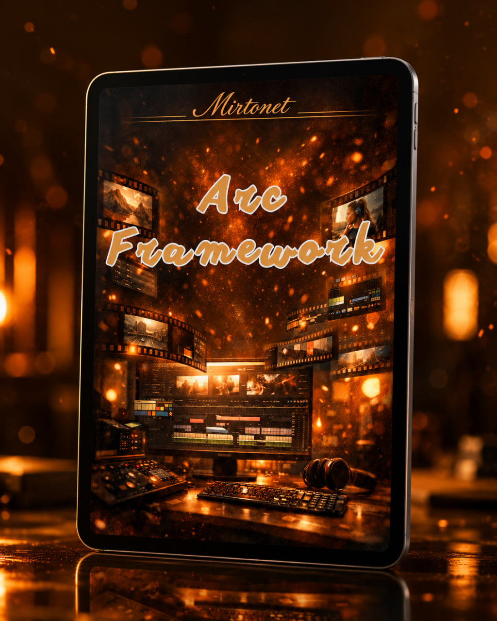 A tablet device standing upright on a reflective surface, displaying a dark, warm-toned digital interface with the text 'Mirtone' and 'Arc Framework' in glowing gold lettering. The scene is lit with amber and orange light, with blurred glowing lights in the background.