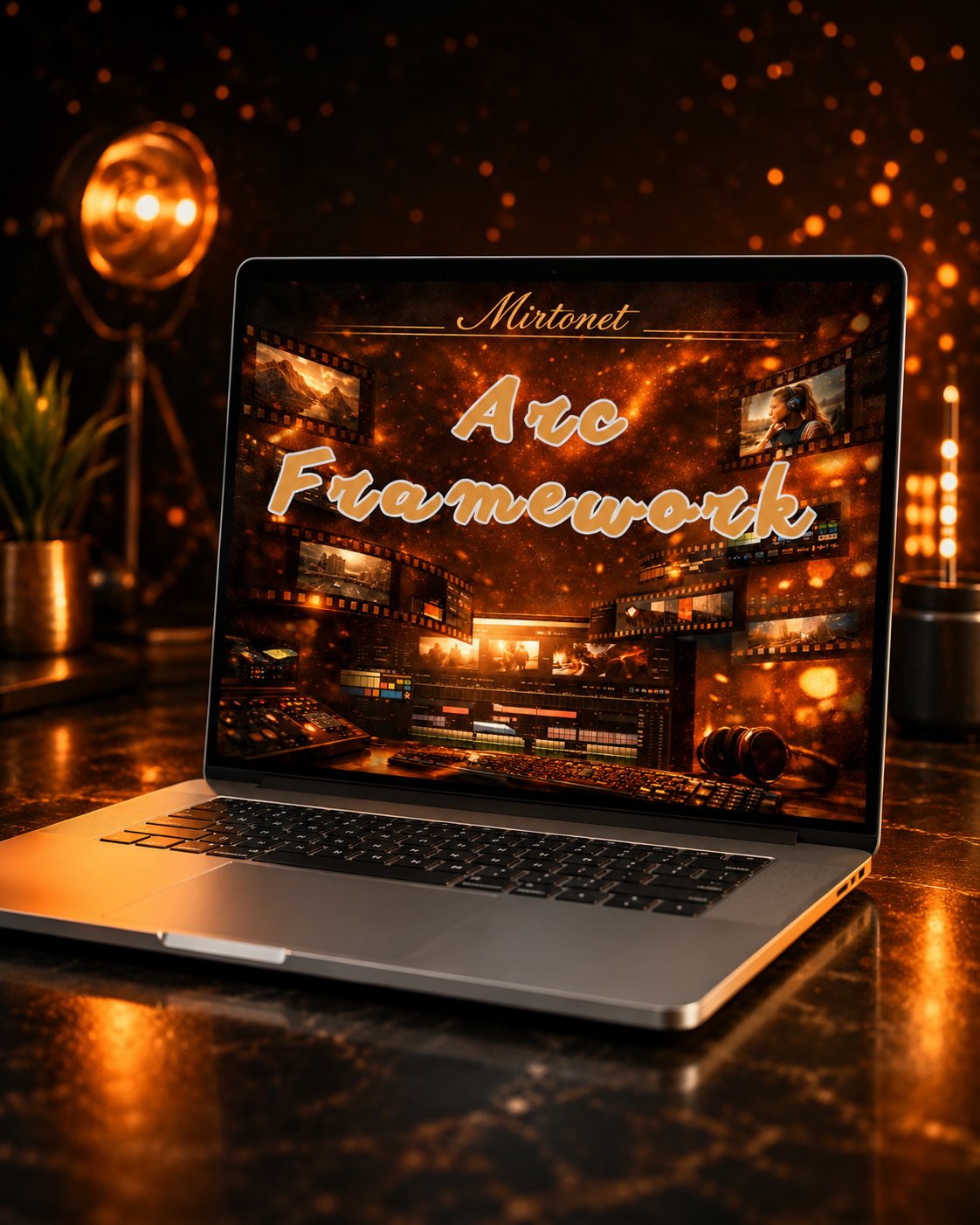 An open silver laptop sits on a dark marble-like surface in a warm, atmospheric setting with glowing lights and bokeh. The screen displays the text 'Mxitmet Arc Framework' over a cinematic dark scene with warm orange and gold tones.