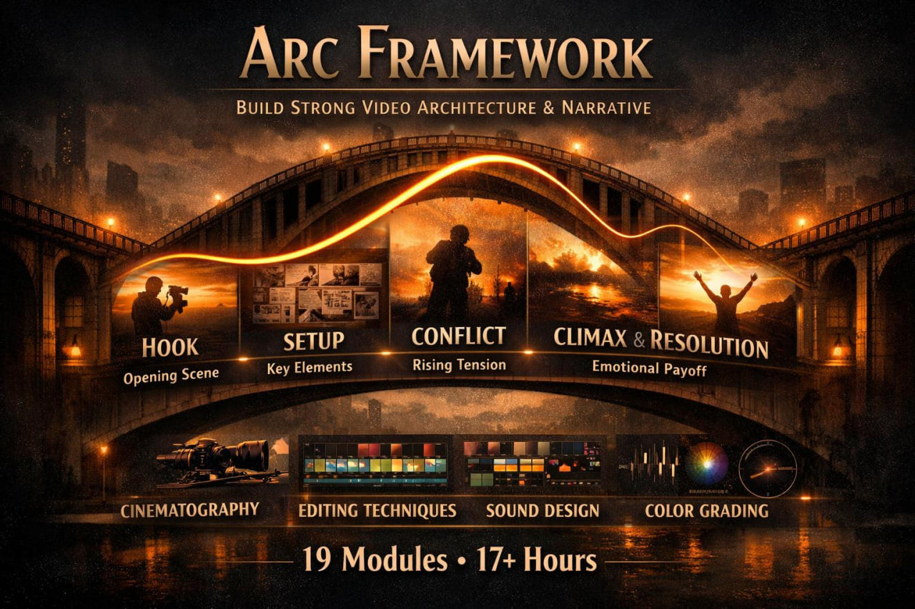 Promotional graphic for Arc Framework, a video architecture and narrative module. The design features a dark, atmospheric bridge over water at sunset, with glowing orange light along the arch.