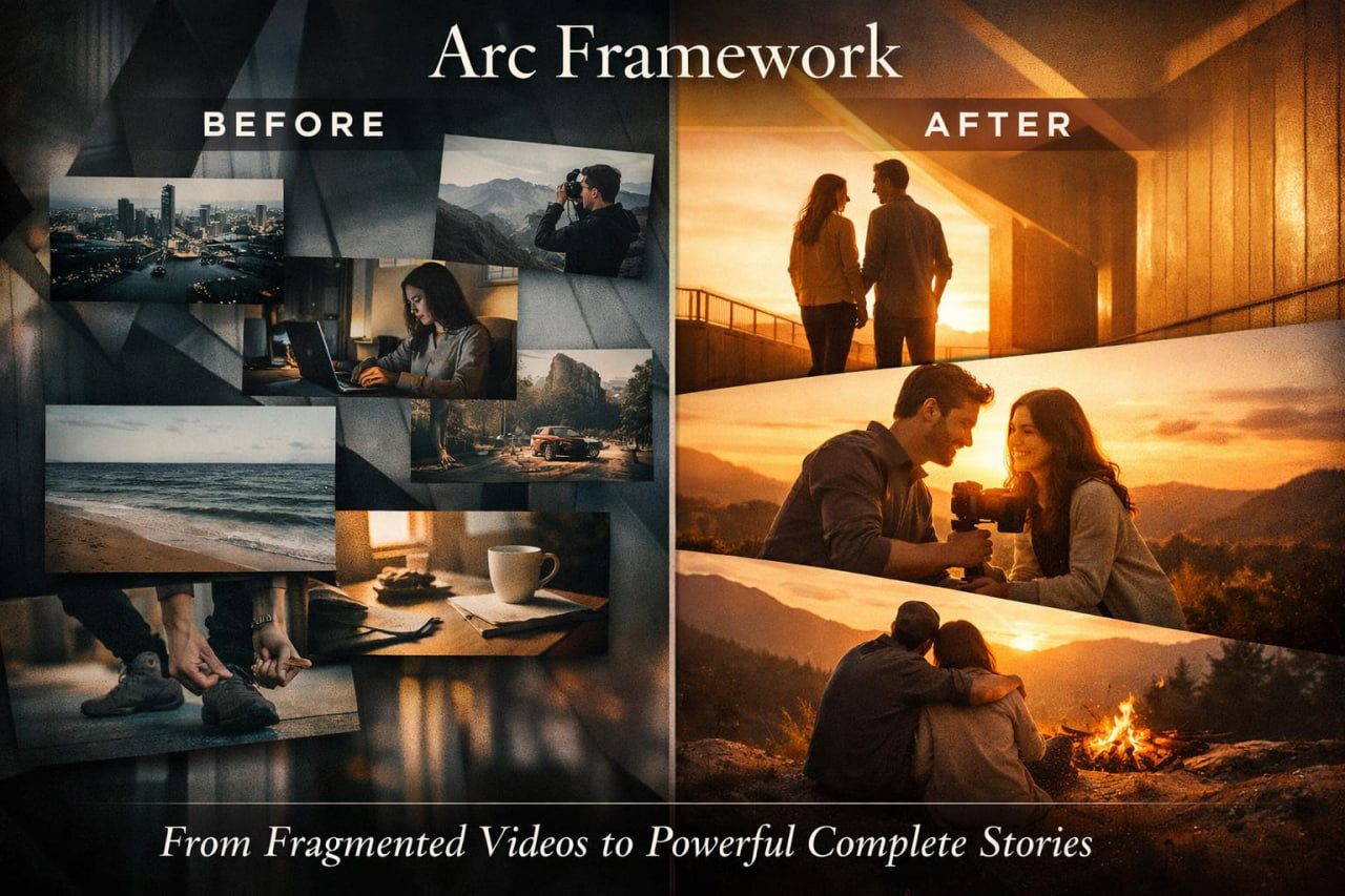 Promotional graphic for an 'Arc Framework' video editing or storytelling tool, showing a split-screen 'Before' and 'After' comparison. The left side is dark and features a collage of fragmented video clips.