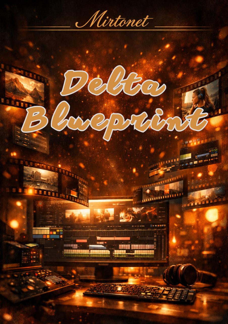 Digital cover art for 'Delta Blueprint' by Mirtonet, featuring a dark, warm-toned control room with glowing monitors, film reels, and a keyboard, overlaid with the title in large stylized text.