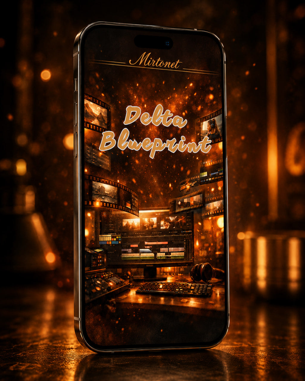 A smartphone stands upright on a reflective dark surface, displaying a warm golden studio scene with the text 'Mirtomet' and 'Delta Blueprint'. The phone is framed against a moody, blurred background with glowing amber lights and bokeh.