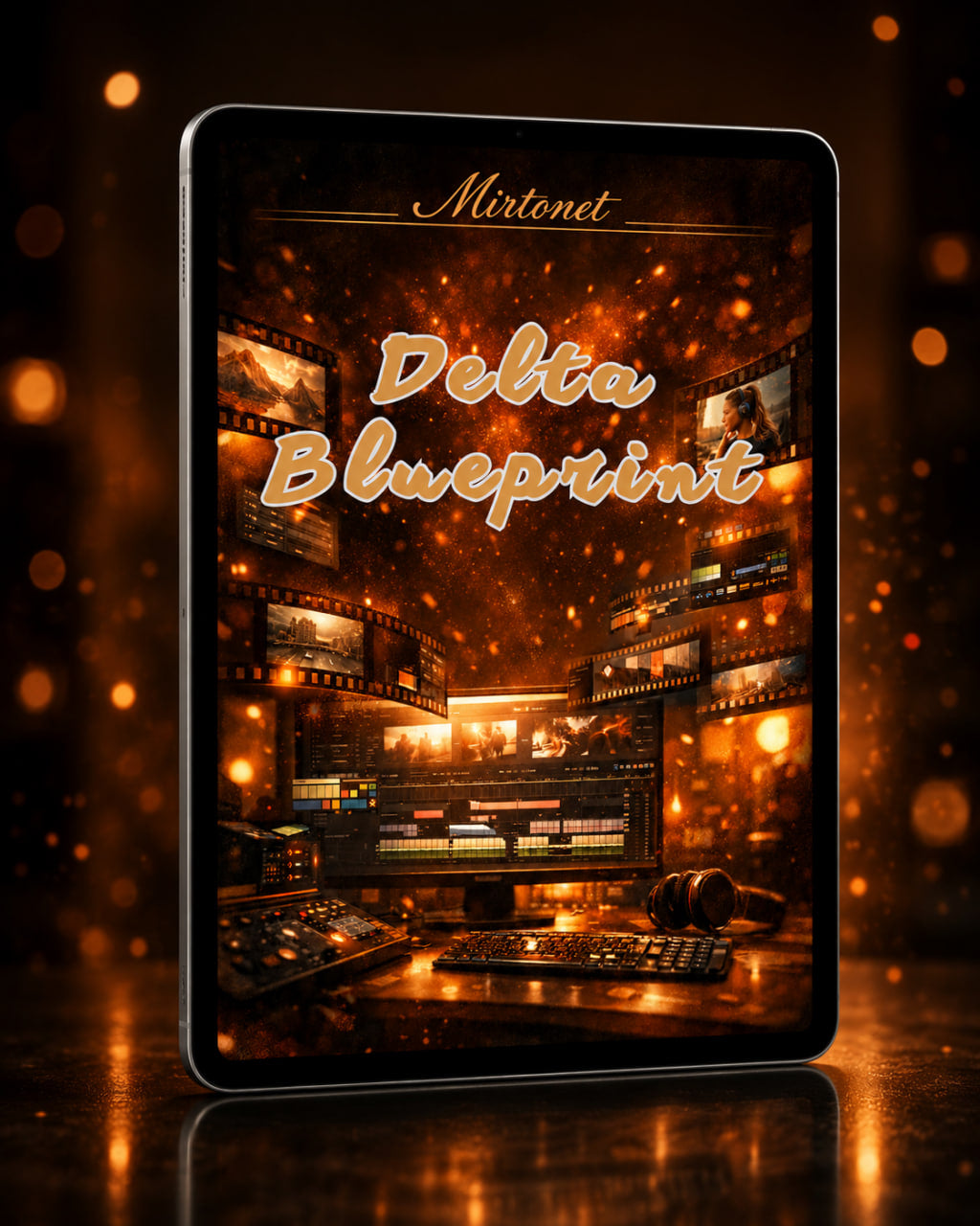 A tablet device displaying a cover design for a digital product titled "Delta Blueprint" with the brand name "Mirtonet" at the top. The cover artwork shows a warm, glowing audio mixing studio scene in amber and orange tones.
