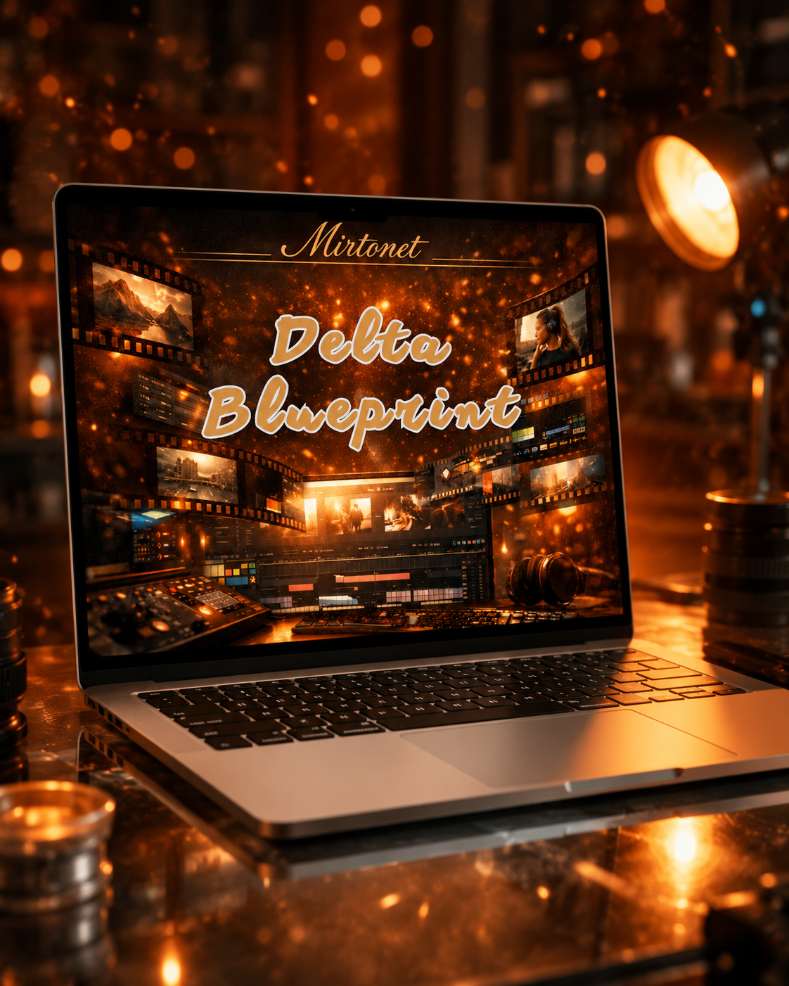 A silver laptop sits open on a reflective desk, displaying a warm golden-brown graphic with the text 'Mirtone' and 'Delta Blueprint.' The scene is styled with a lamp, glasses, and bokeh lights in a dim, atmospheric room.