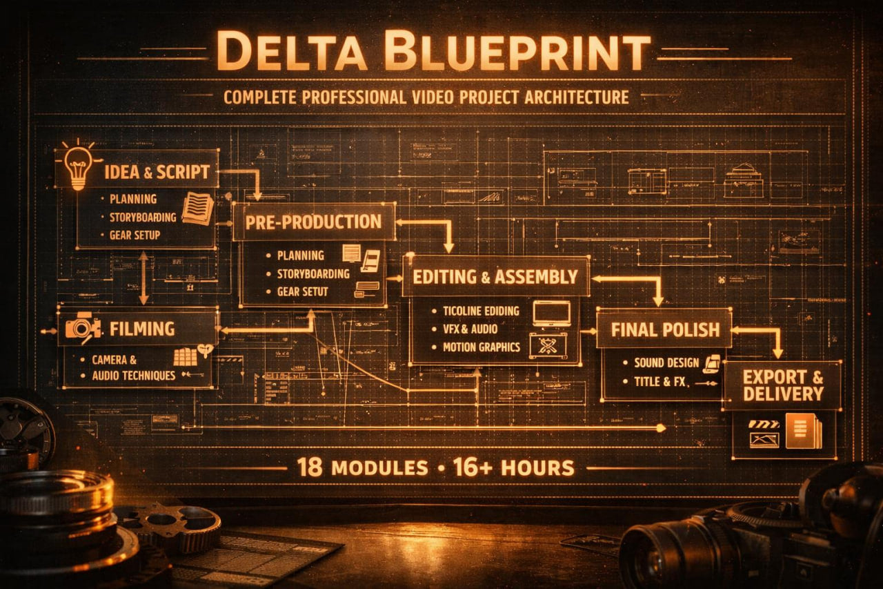 A dark, blueprint-style promotional graphic for Delta Blueprint, showing a workflow diagram for video project production in glowing amber text and lines. The title 'DELTA BLUEPRINT' appears at the top, with sections for Idea & Script, Pre-Production, Filming, Editing & Assembly, Final Polish, and Export & Delivery.