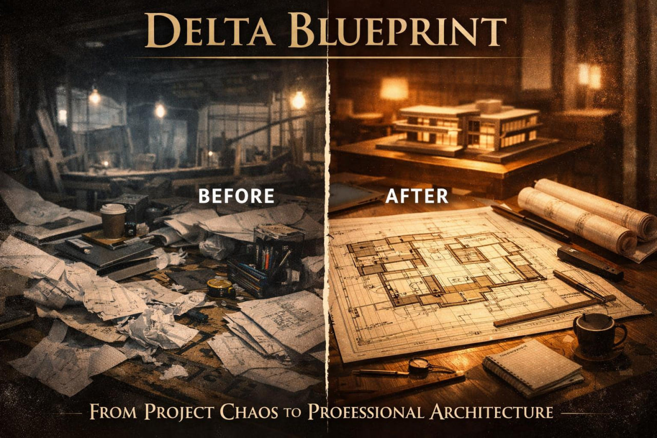 Promotional graphic for a digital course or guide titled 'Delta Blueprint' showing a split-screen comparison labeled 'Before' and 'After'. The left side depicts a cluttered, chaotic workspace with scattered papers and tools.