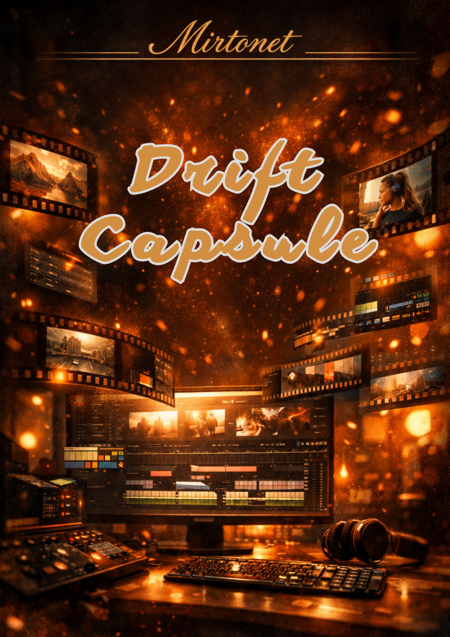 Digital cover art for 'Drift Capsule' by Mirtonet, featuring a dark, warm-toned editing studio with film reels, computer screens, and glowing golden bokeh effects.
