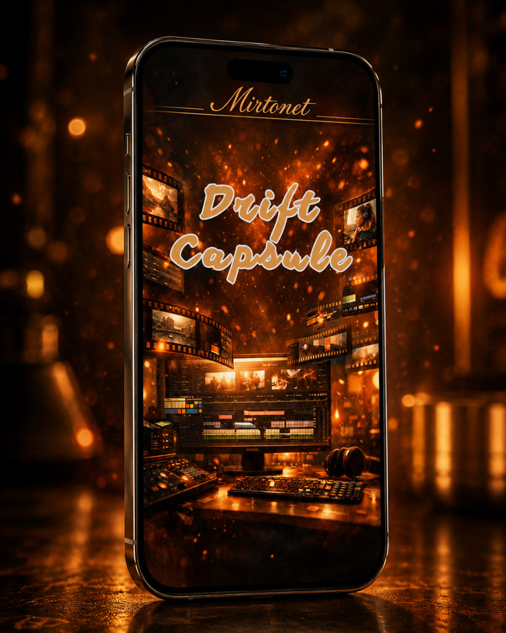 A smartphone centered in a dark, warm-toned studio scene, displaying the text 'Mirtone' and 'Drift Capsule' over an illustrated audio production studio screen. The phone is framed against a blurred golden-brown background with bokeh lights.