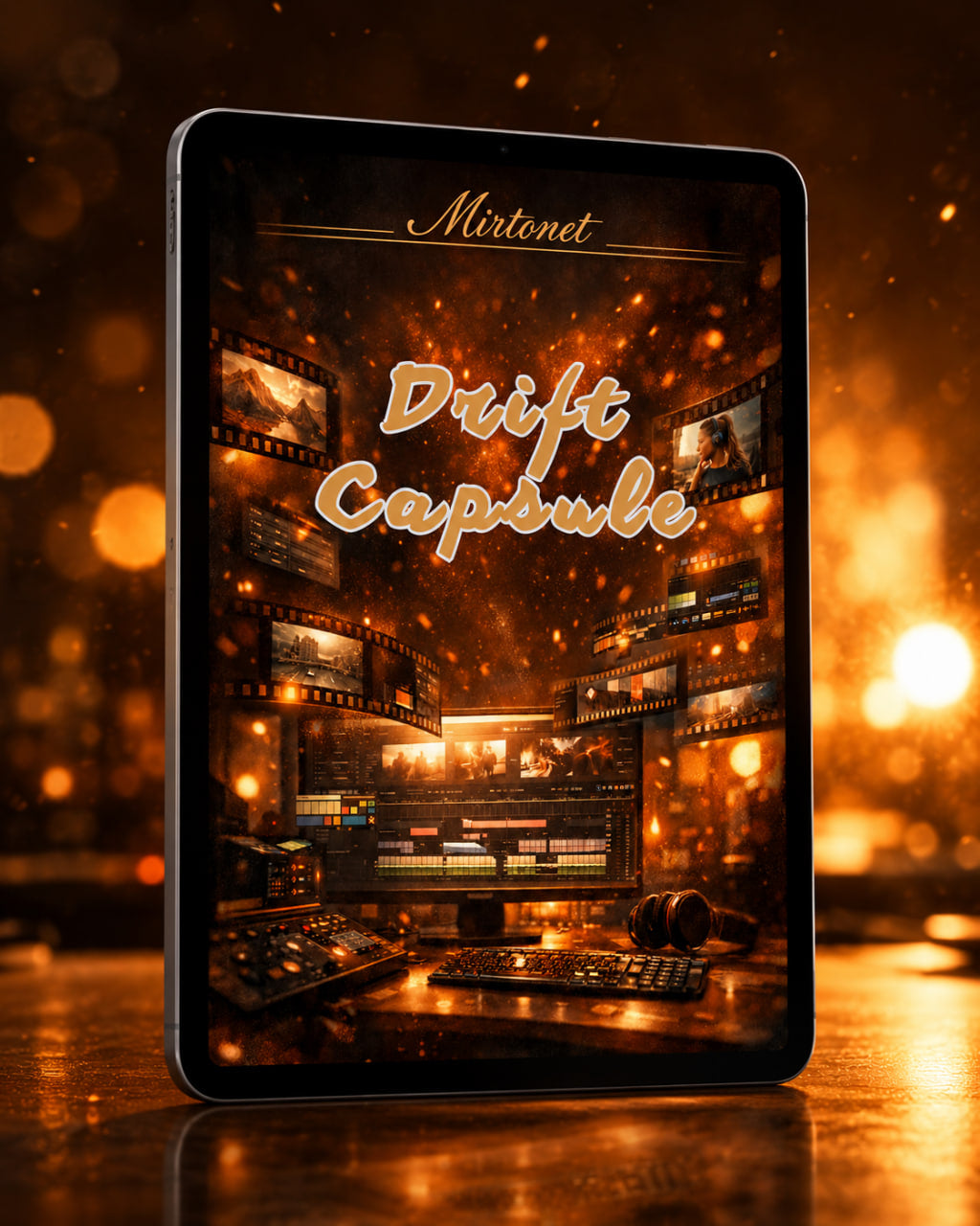 A tablet device stands upright on a reflective surface against a warm, glowing bokeh background. The screen displays the text 'Mirtinet' and 'Drift Capsule' over a dark, cinematic scene with film reels, lighting equipment, and warm golden light effects.