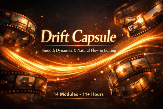 Promotional graphic for a digital editing asset pack named 'Drift Capsule'. The design features a dark, starry background with glowing golden light trails and floating film reels showing warm-toned scenes.