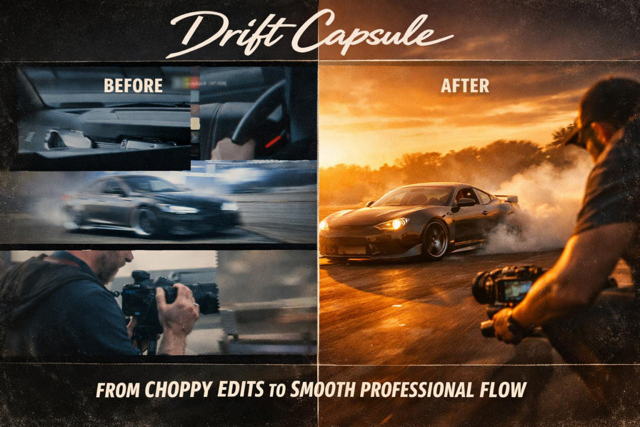 Promotional graphic for Drift-Capsule, showing a before-and-after comparison of car footage. The left side labeled 'BEFORE' shows choppy, edited clips of a car and a cameraman.