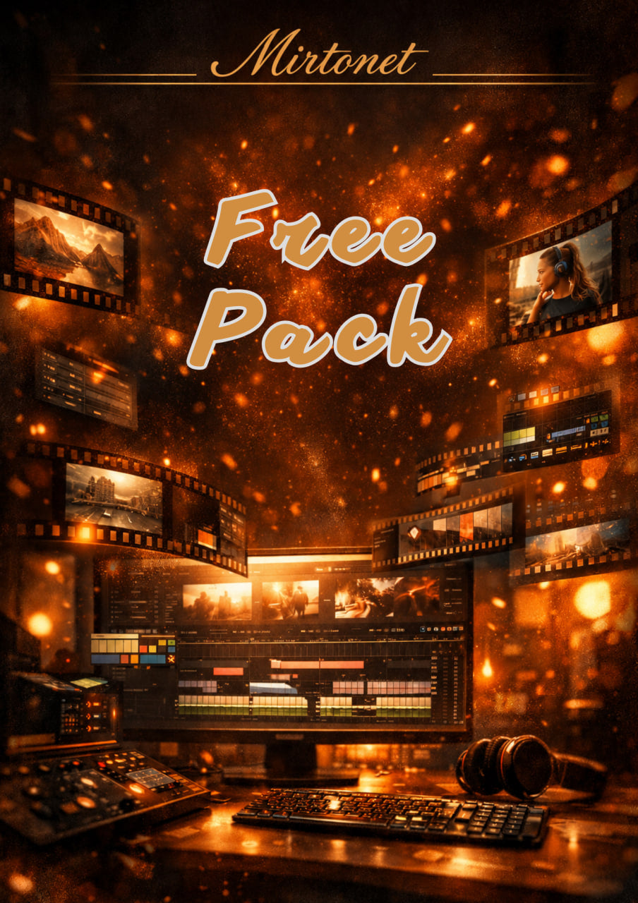 Promotional graphic for a digital audio workstation sample pack titled 'Mirtonet Free Pack', featuring a dark, warm-toned studio setup with film reels, screens, headphones, and a keyboard, overlaid with glowing orange bokeh effects and text.