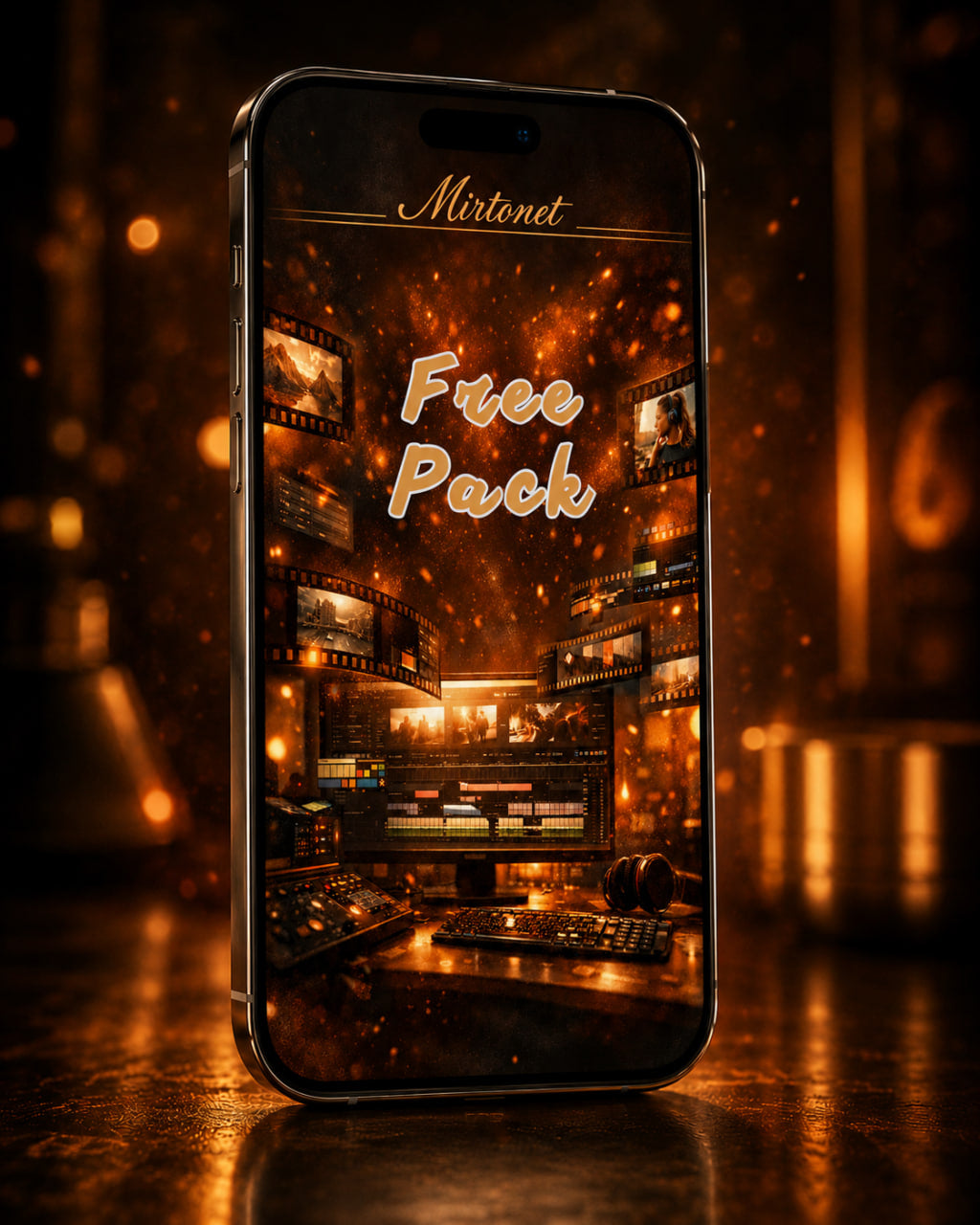 A smartphone stands upright on a reflective dark surface, displaying a warm golden-brown digital cover with the text 'Mirtone' and 'Free Pack' over an illustrated studio scene.
