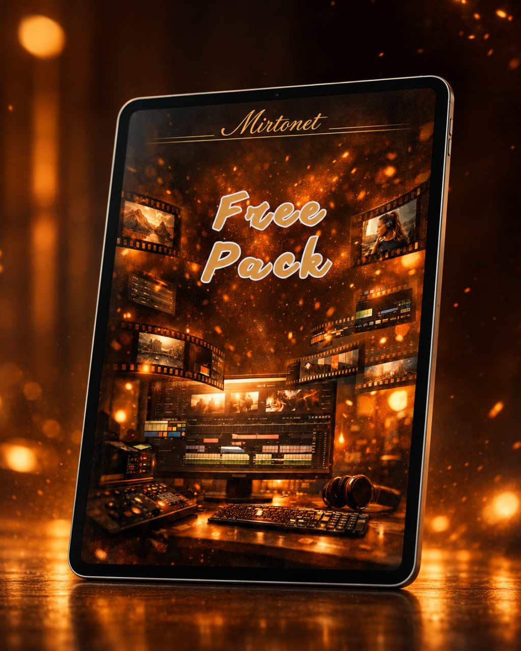 A tablet device standing upright on a reflective surface, displaying a warm golden-brown scene with film reels, audio equipment, and the text 'Mirtnet' and 'Free Pack' on the screen.