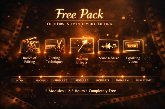 Promotional graphic for a free video editing course or bundle titled 'Free Pack,' with glowing orange icons and text for editing basics, cutting techniques, adding effects, sound and music, exporting videos, and a module timeline on a dark cinematic background.