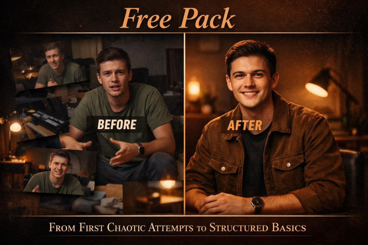 Promotional graphic for a 'Free Pack' featuring a side-by-side 'Before' and 'After' comparison of a man. The left side, labeled 'BEFORE', shows a collage of clips of the man looking disheveled in a dim room.