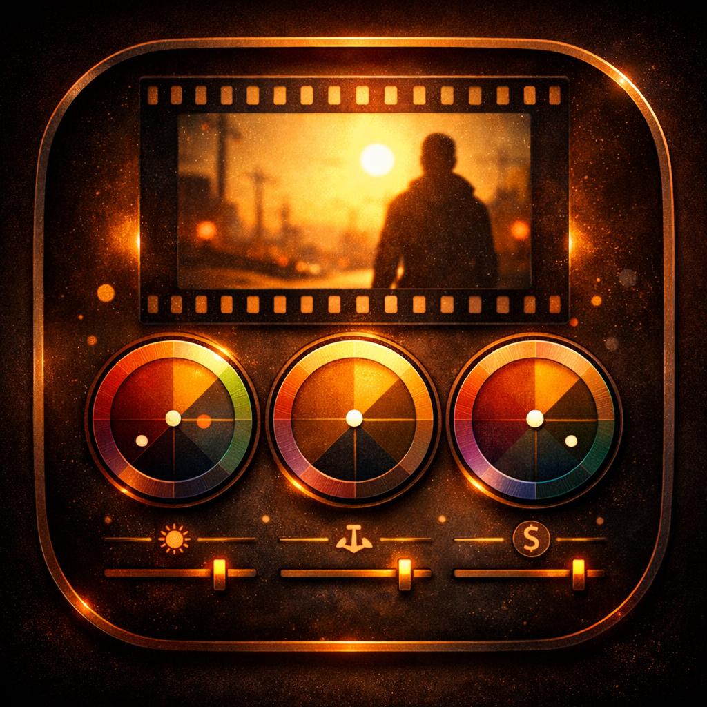 A stylized digital interface or app icon featuring a filmstrip frame with a silhouetted figure against a glowing sunset, surrounded by three circular dials and sliders in warm metallic amber tones on a dark background.