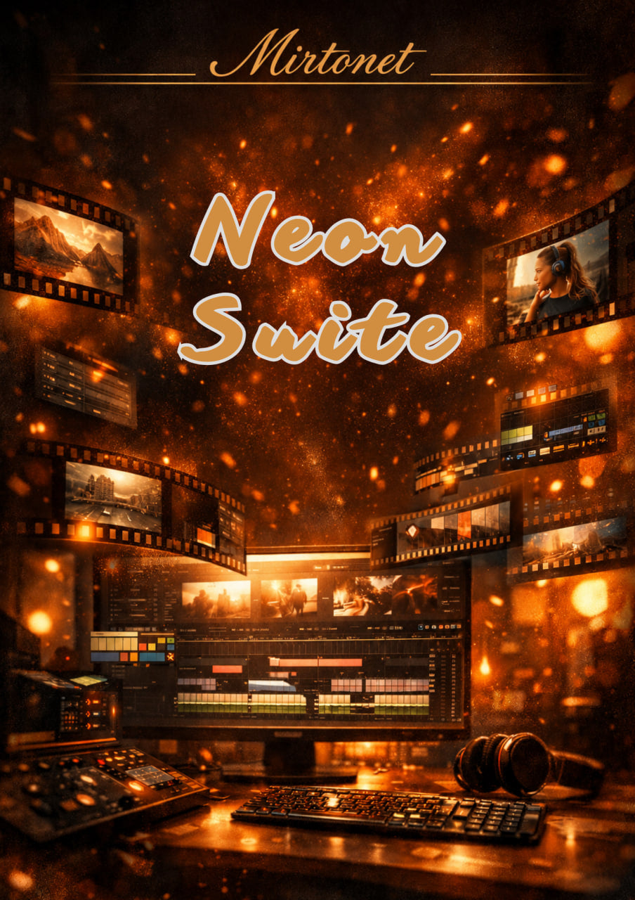 Promotional graphic for Mirtonet Neon Suite, featuring a dark, warm-toned computer workstation filled with monitors, film strips, a keyboard, and headphones, with glowing orange light effects and the text 'Mirtonet' and 'Neon Suite' at the top.