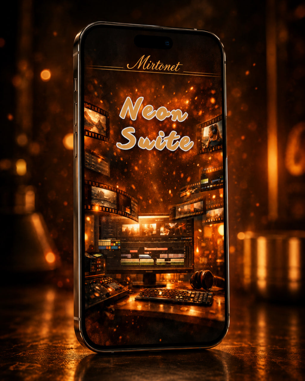 A smartphone shown upright on a reflective surface, displaying a warm golden-orange graphic with the text 'Mirtone' and 'Neon Suite' over an illustrated studio scene. The phone is photographed in a dark, atmospheric setting with glowing light effects.
