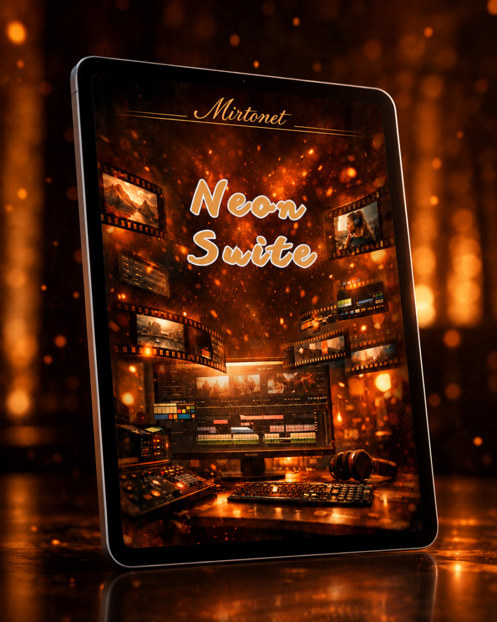 A tablet device standing upright on a reflective surface, displaying a dark, warm-toned digital cover design with the text 'Mirtonet' and 'Neon Suite' over an illustrated audio workstation scene.