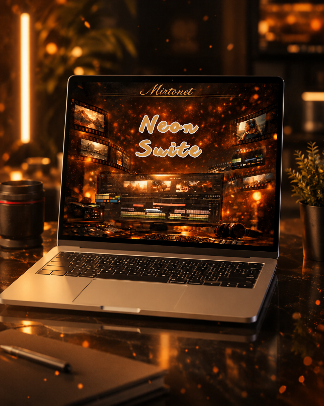 An open silver laptop sits on a dark reflective desk in a warm, atmospheric room. The screen displays a digital audio workstation interface with the text 'Mistnet' and 'Neon Suite' in glowing neon lettering.