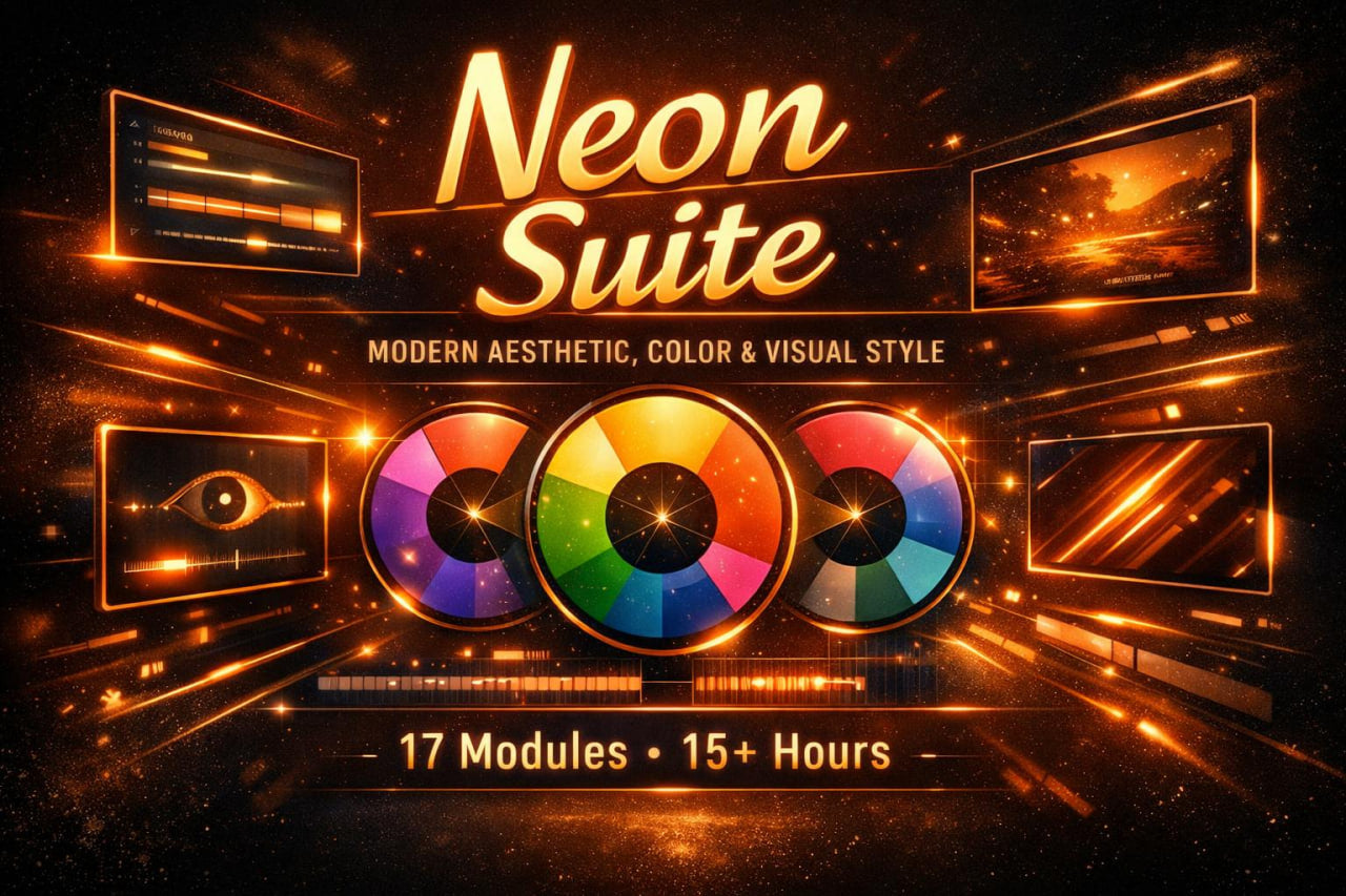 Promotional graphic for a digital design asset pack titled 'Neon Suite' with glowing orange typography, futuristic interface panels, and three circular multicolor gradient wheels on a dark glowing background. Text reads 'Modern Aesthetic, Color & Visual Style' and '17 Modules • 15+ Hours'.