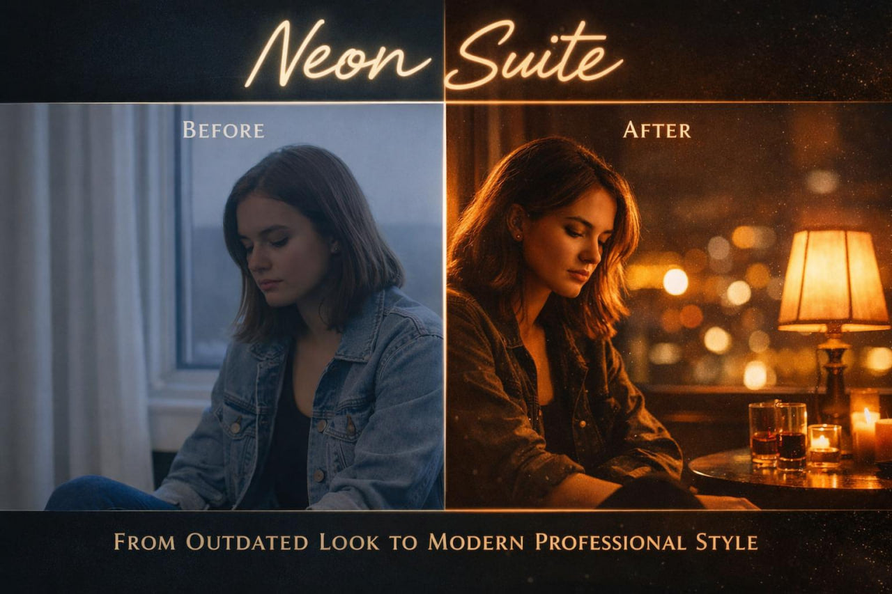 A promotional before-and-after comparison graphic for a photo editing preset or filter called 'Neon Suite'. The left side, labeled 'BEFORE', shows a woman in a dimly lit room wearing a denim jacket.