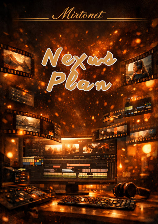 Digital cover art for 'Nexus Plan' by Mirtonet, featuring a dark, warm-toned creative control room with glowing monitors, film strips, and a keyboard in the foreground.