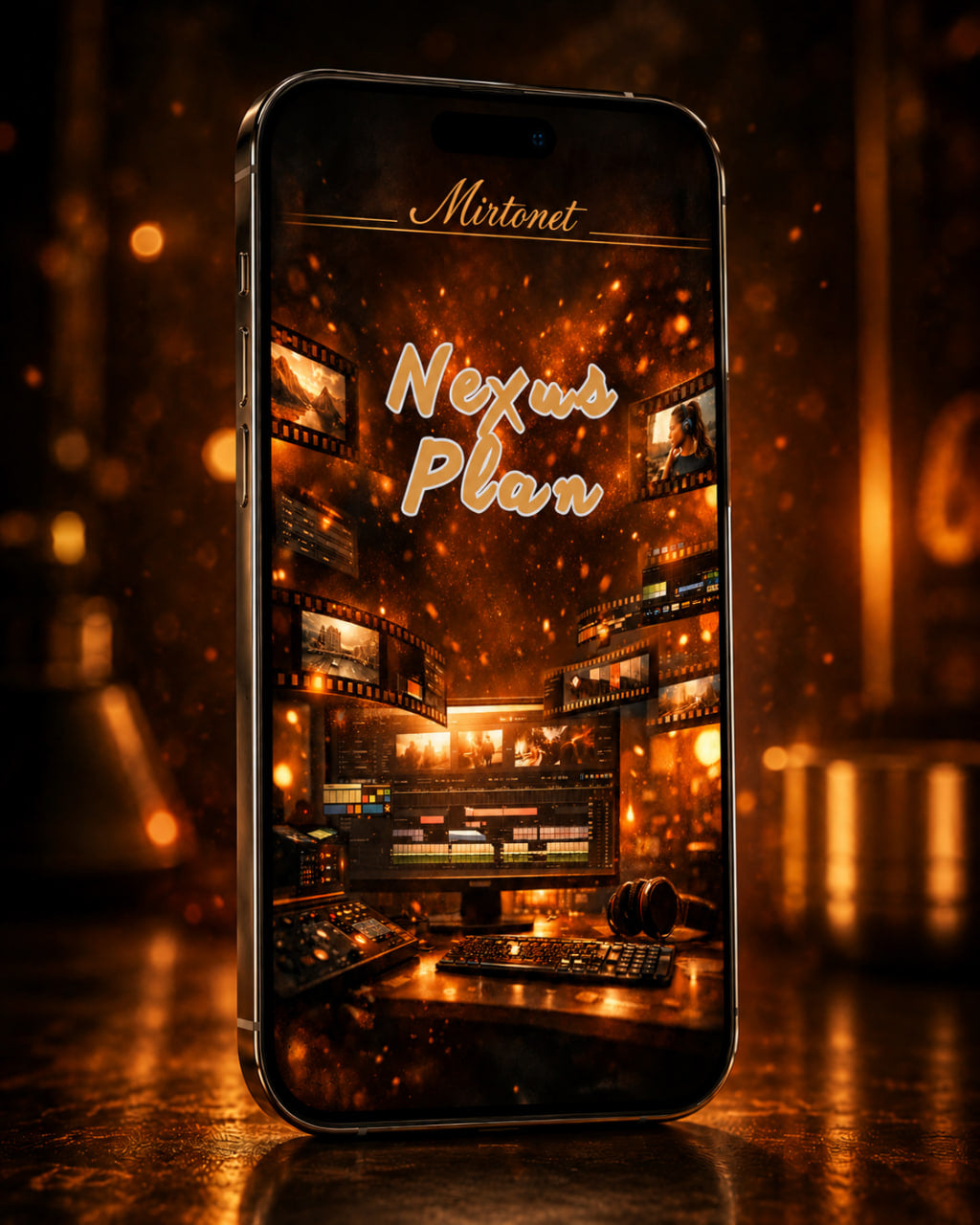 A smartphone centered in a dark, warm-toned studio-like setting, displaying a cinematic digital cover with the text 'Mirtomet' and 'Nexus Plan' over a glowing film-reel and control-room scene.