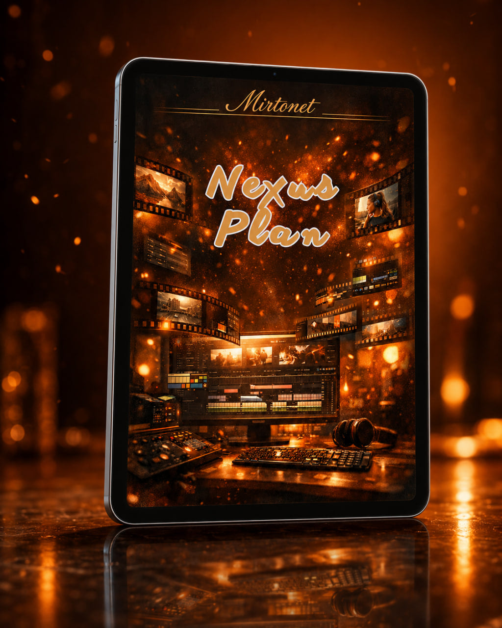 A tablet device standing upright on a reflective surface, displaying a dark, cinematic interior scene with film reels and the title 'Nexus Plan' in glowing gold lettering. The screen also shows the name 'Mistonek' at the top.