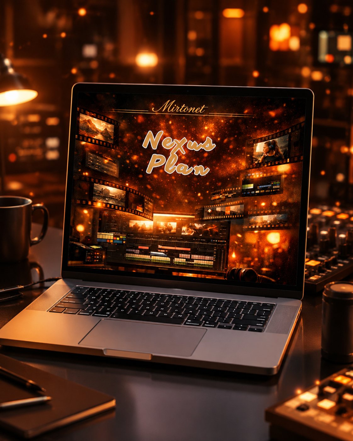 An open silver laptop sits on a dark desk in a warm, blurred studio or cafe-like environment. The screen displays a graphic with the text 'Mistral' and 'Nexus Plan' over a glowing orange and gold collage of film reels and lights.