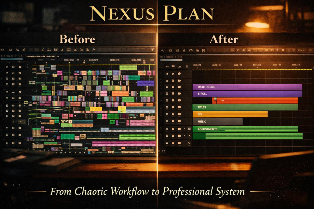 A promotional graphic titled 'NEXUS PLAN' with a split-screen comparison labeled 'Before' and 'After.' The left side shows a busy multicolored digital audio workstation timeline, while the right side shows a simplified, organized workflow with colored tracks.