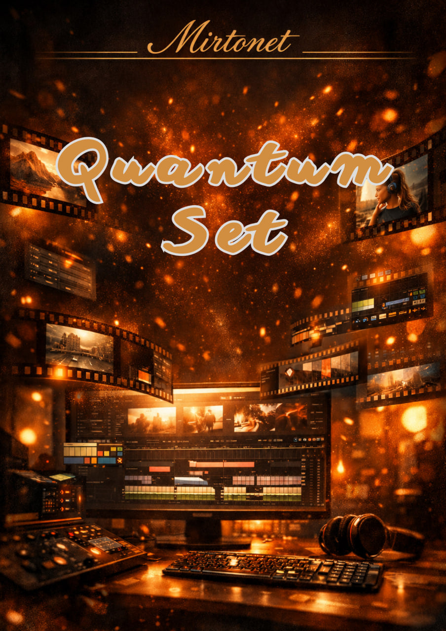 Digital cover art for a Mirtonet 'Quantum Set' featuring a dark, warm-toned computer audio mixing console surrounded by film strips, glowing golden particles, and a keyboard, with stylized text at the top.