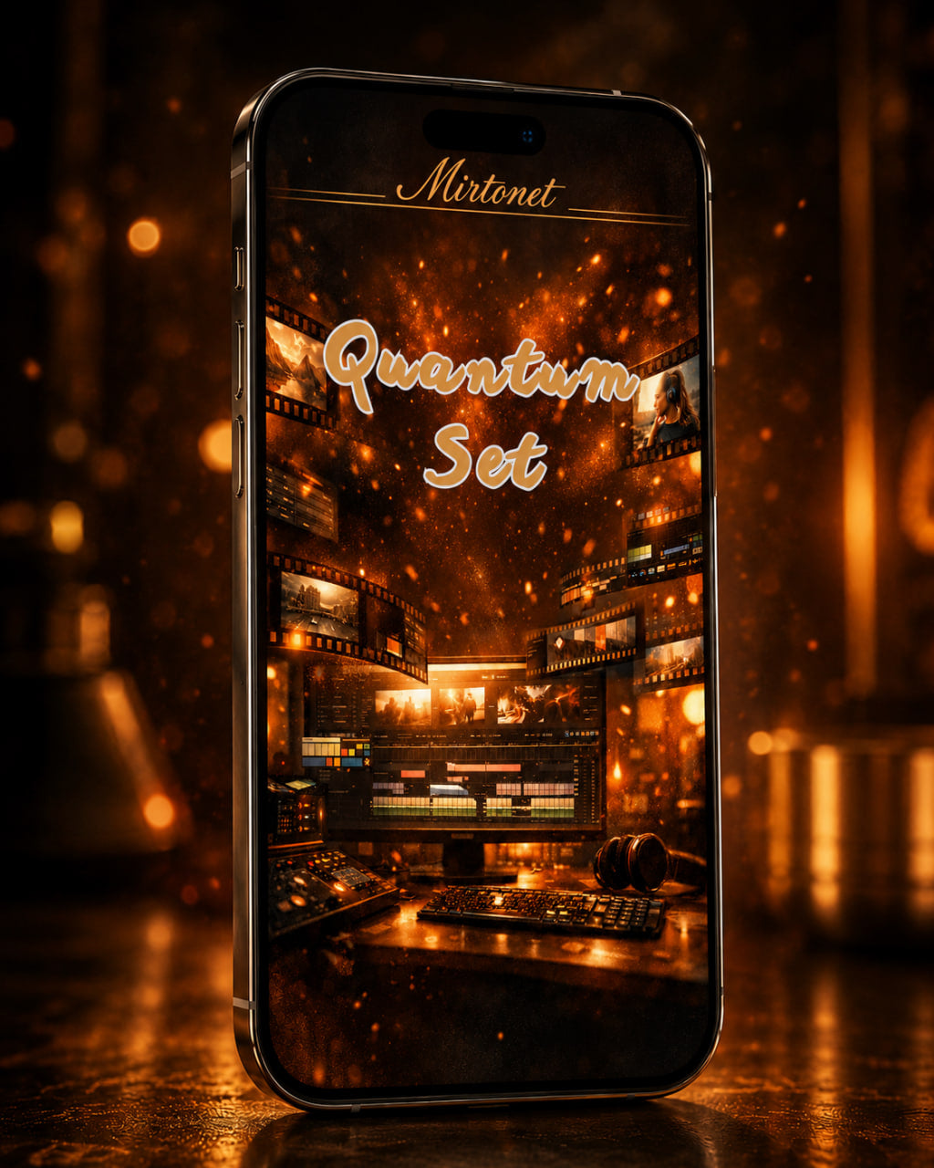 A smartphone centered on a dark reflective surface, displaying a music production interface with the text 'Mirtinet' and 'Quantum Set' in glowing gold lettering. The phone is photographed in a moody, warm-toned studio-like environment with blurred golden lights and bokeh.