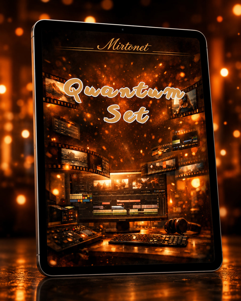 A tablet device standing upright on a reflective surface, displaying the cover art for a digital product called 'Mirtonet Quantum Set'. The artwork features a dark, warm-toned studio scene with film reels, mixing boards, and glowing golden bokeh lights.