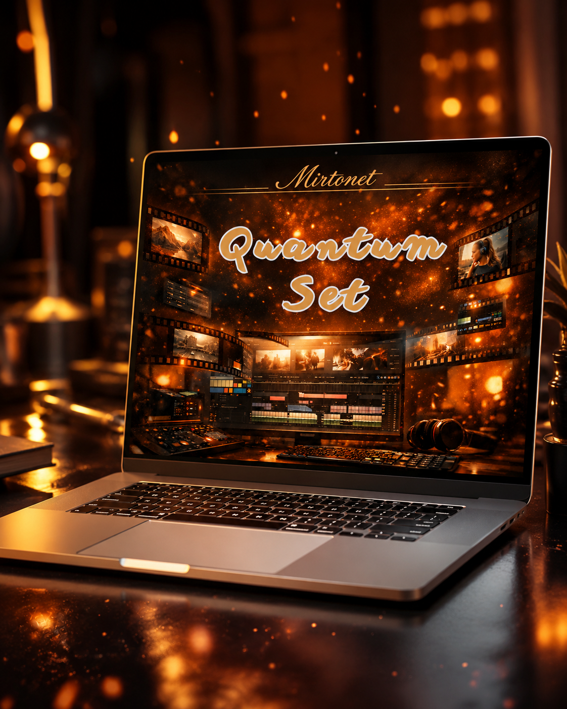 An open silver laptop on a dark desk displaying a digital cover for a 'Mironeet Quantum Set' with warm golden bokeh lighting and glowing embers in the background.
