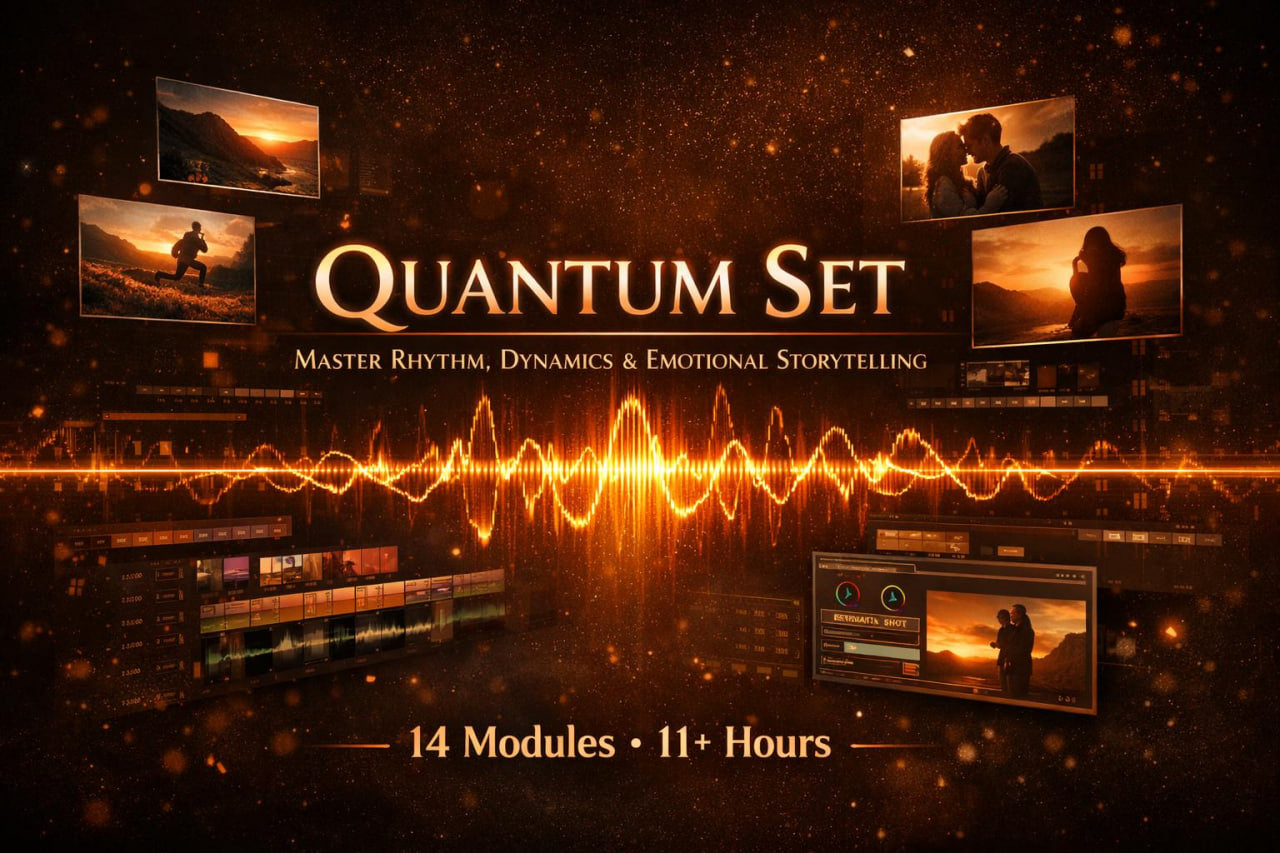 Digital cover graphic for 'Quantum Set' audio production bundle, featuring glowing golden waveform graphics, multiple screens showing cinematic scenes, and text reading 'Master Rhythm, Dynamics & Emotional Storytelling', '14 Modules • 11+ Hours' on a dark cosmic background.