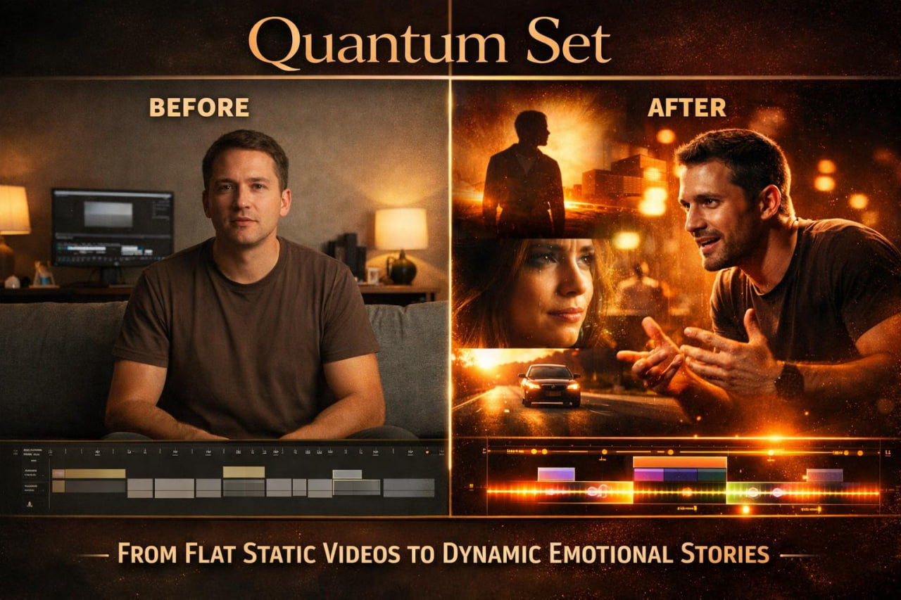 Promotional graphic for a video editing software or service called 'Quantum Set', showing a before-and-after comparison of a man's video. The left 'Before' side shows a man sitting in a dimly lit room with a computer monitor and a timeline at the bottom.