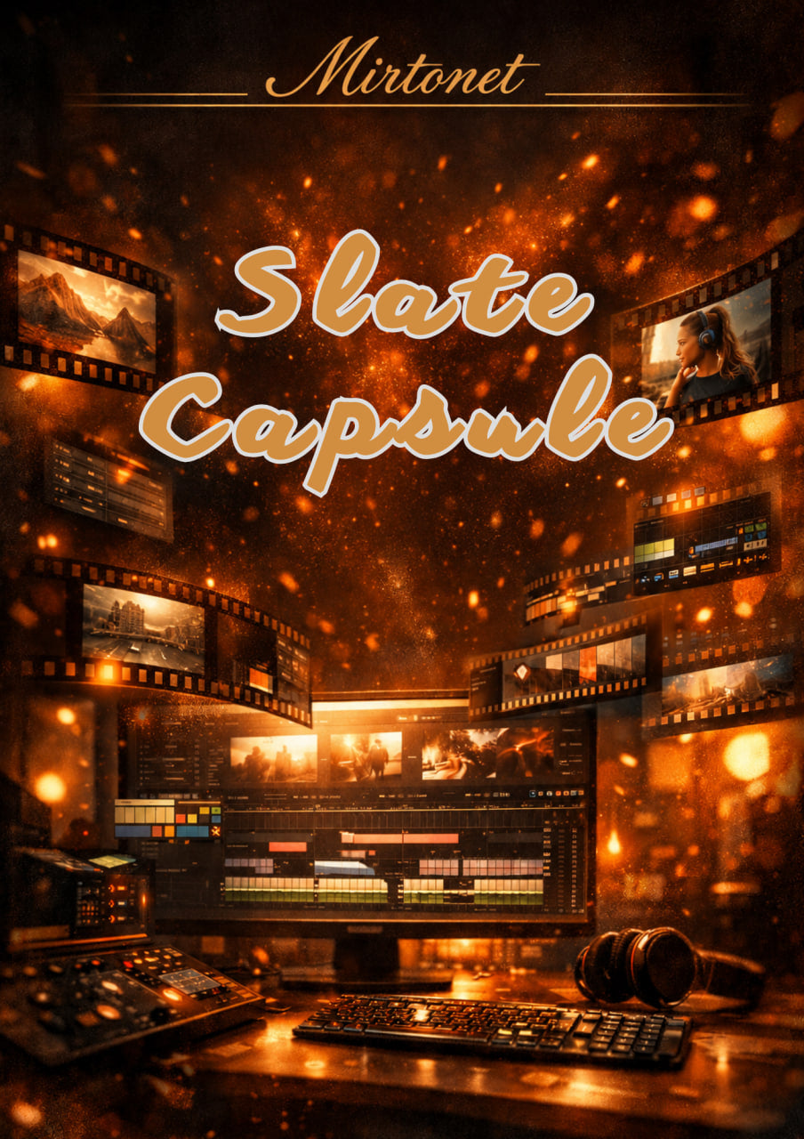 A stylized promotional graphic for 'Slate Capsule' by Mirtonet, featuring a dark, warm-toned editing studio scene with film reels, monitors, a mixing console, keyboard, and headphones, overlaid with large gold text.
