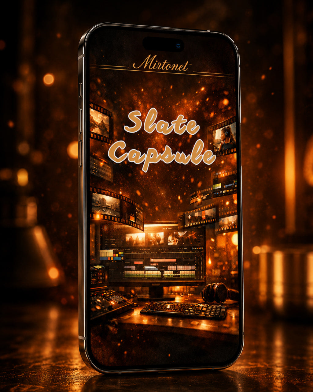 A smartphone centered in a dark, warm-toned studio scene, displaying a digital audio workstation interface with the text 'MistoneT' and 'Slate Capsule'. The phone is shown as the main product, with no person or animal present.
