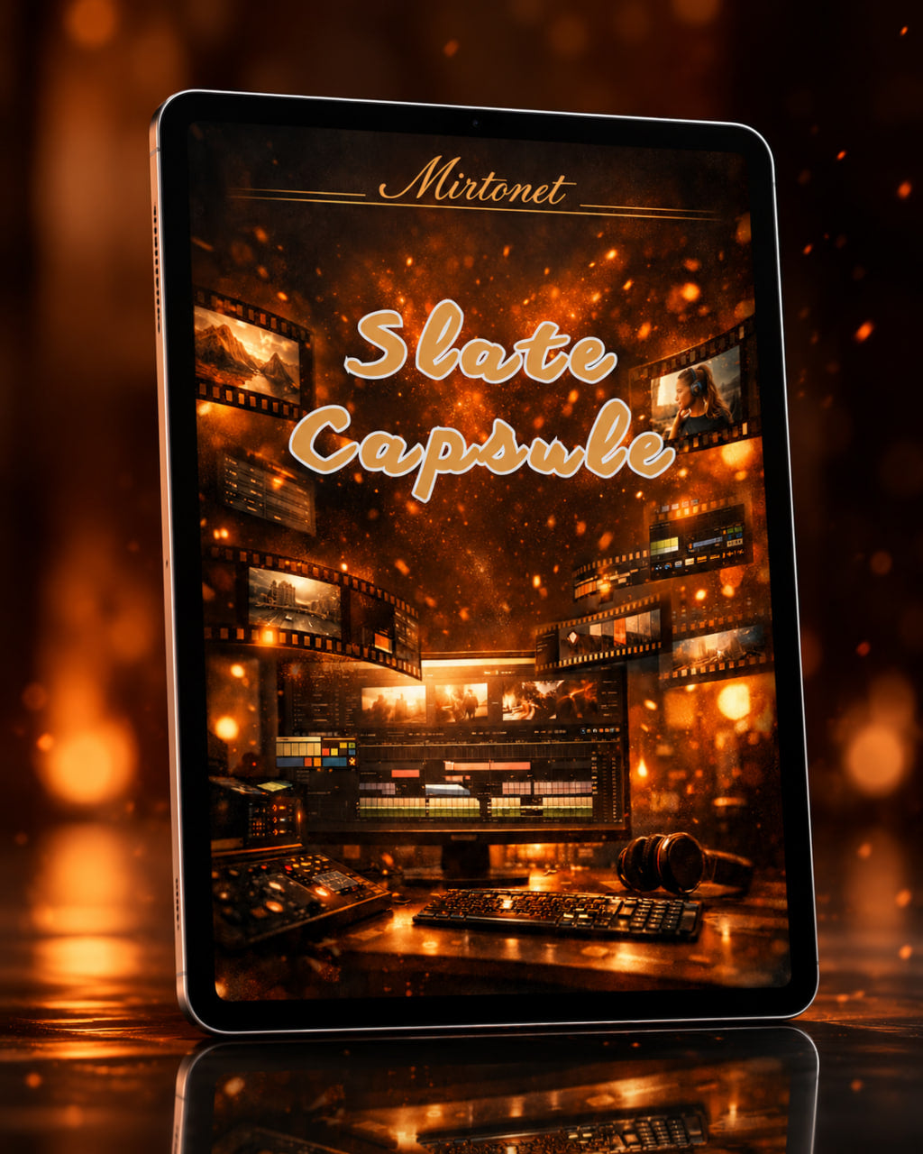 A tablet device displaying a cinematic dark-themed cover titled 'Slate Capsule' with the brand name 'Mirtnet' at the top, set against a warm glowing bokeh background with a reflective surface below.