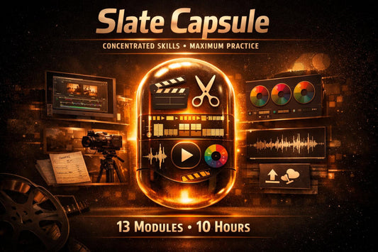 Promotional graphic for 'Slate Capsule' with the text 'Concentrated Skills • Maximum Practice' and '13 Modules • 10 Hours' on a dark, cinematic background featuring glowing circular interface elements, audio waveforms, dials, and film-related props.