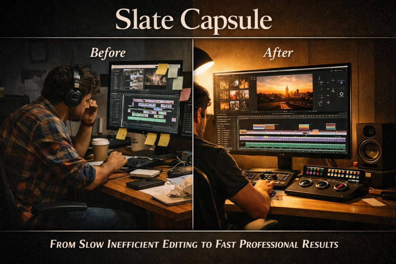 Promotional graphic for Slate Capsule showing a split-screen comparison labeled 'Before' and 'After' with text reading 'From Slow Inefficient Editing to Fast Professional Results.' The left side shows a person working at a desk with multiple monitors in a dim room.